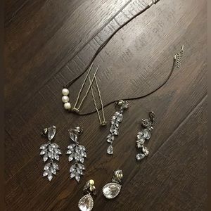 Clip on earrings silver fake diamond 2 hair pins flowers shaped,pearl necklace